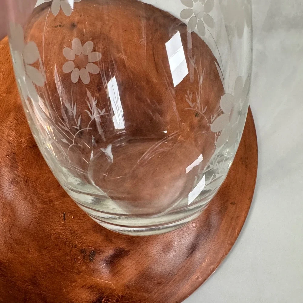 Pasabahce Small Vintage Floral Etched Clear Glass Vase Daisy Made in Turkey‎
